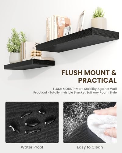 Marsmiles 30" Floating Shelves for Wall, Wooden Shelves with Invisible Brackets Set of 2, Rustic Farmhouse Wall Mounted Shelf for Kitchen Bathroom Living Room Study, Black - Image 3