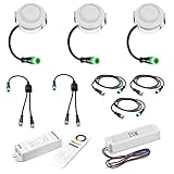 mini spots Set bestehend aus: 3 x 3W LED Mini-Spot inkl. je 1m Kabel, 1 x RGB Funk-Controller inkl. Anschlusskabel, 1 x RGB 8 Zonen Funk-Fernbedienung,  2 x Y-Verteiler 1 x LED Markentrafo 20W Maße Spot: Abdeckfläche 40mm - Höhe 36mm - Lochmaß 34mm