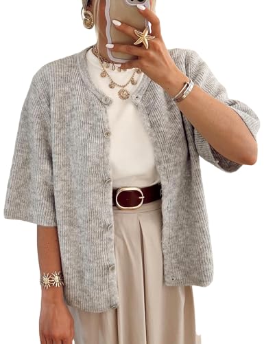 Image of Wyeysyt Womens Cropped Knitted Cardigan Y2K Short Sleeve Button Down Sweater Cardigan Shirt Casual Solid Color Ribbed Outwear(Grey-M)