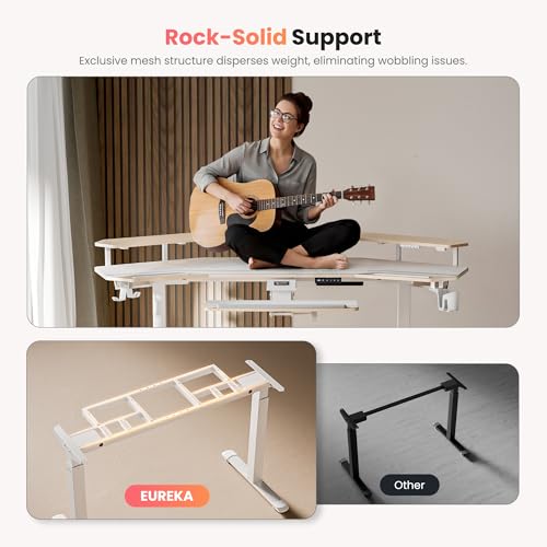 Image of EUREKA ERGONOMIC Standing Desk with Keyboard Tray, Large Music Studio Gaming Desk, Wing Shaped Sit Stand Table 72'', LED Convertible Shelves, Dual Motor&Slot, Maple