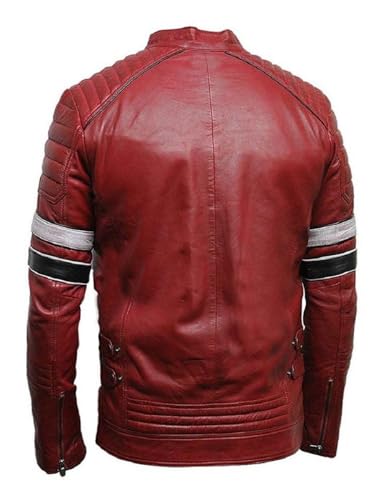Image of Men's Leather Jacket Cafe Racer Biker Style Retro Stripes Jacket, Motorcycle Racing Leather Jacket Men