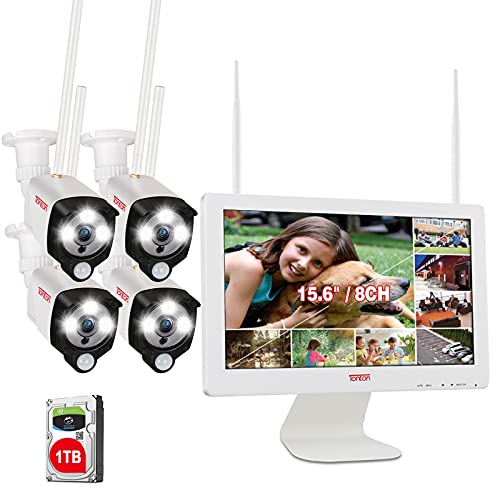 [2K&2 Way Audio&Thermal Detection] Tonton Wireless All-in-One Ultra HD Security Camera System with 16 Inch Monitor, 8CH NVR with 1TB HDD,4PCS 3MP Outdoor Bullet IP Cameras,Plug and Play