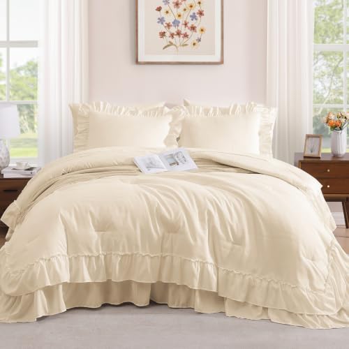 Image of Queen Comforter Set Whisper White Ruffle 7 Pieces Farmhouse Bed in a Bag | Shabby Chic Fluffy All Season Bedding Sets with Sheets, Pillowcases & Shams