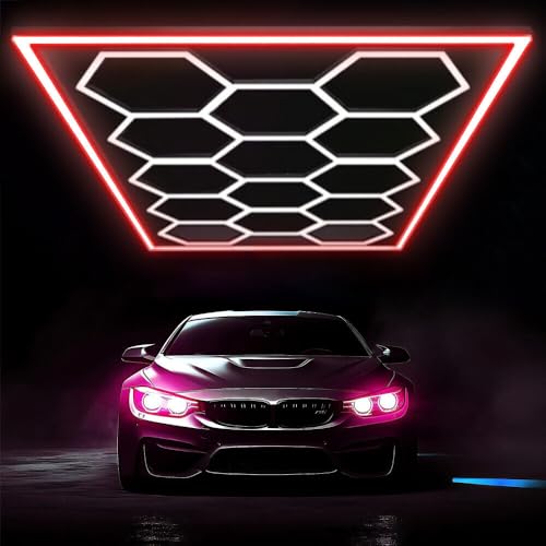 XAEIOW Hexagon LED Garage Light,14 Pack Honeycomb Lights with Rectangle Red Blue Green Frame 6500K for Garage, Basement, Warehouse etc (red)