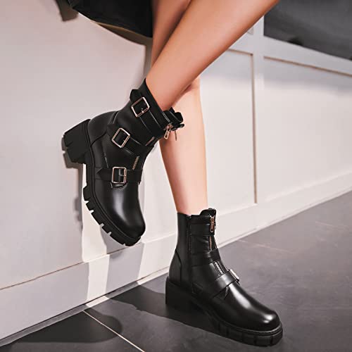 Tinstree Mid Boots,Fashion Fall White Knee High Boots Wide Calf Buckle With Side Zipper Chunky Heels Lug Sole Pu Leather Booties Round Toe Black,09 #TOP4