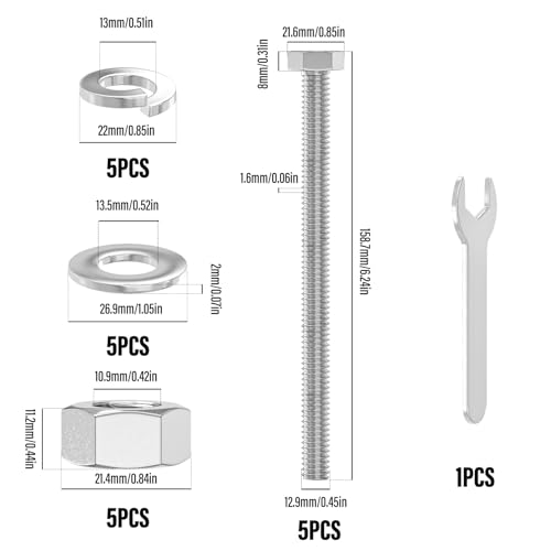 Image of 5PCS 1 /2-13 x 6 304 Stainless Steel External Hex Bolt, Fully Threaded Bolt with Nut Flat & Lock Washers and Spanner
