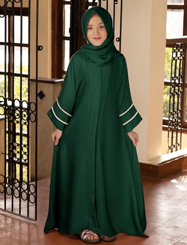 ODASDO Abaya for Girls Muslim Islamic Middle East Prayer Clothes Chiffon V-neck Open Front Cardigan Maxi Dress with Hijab4
