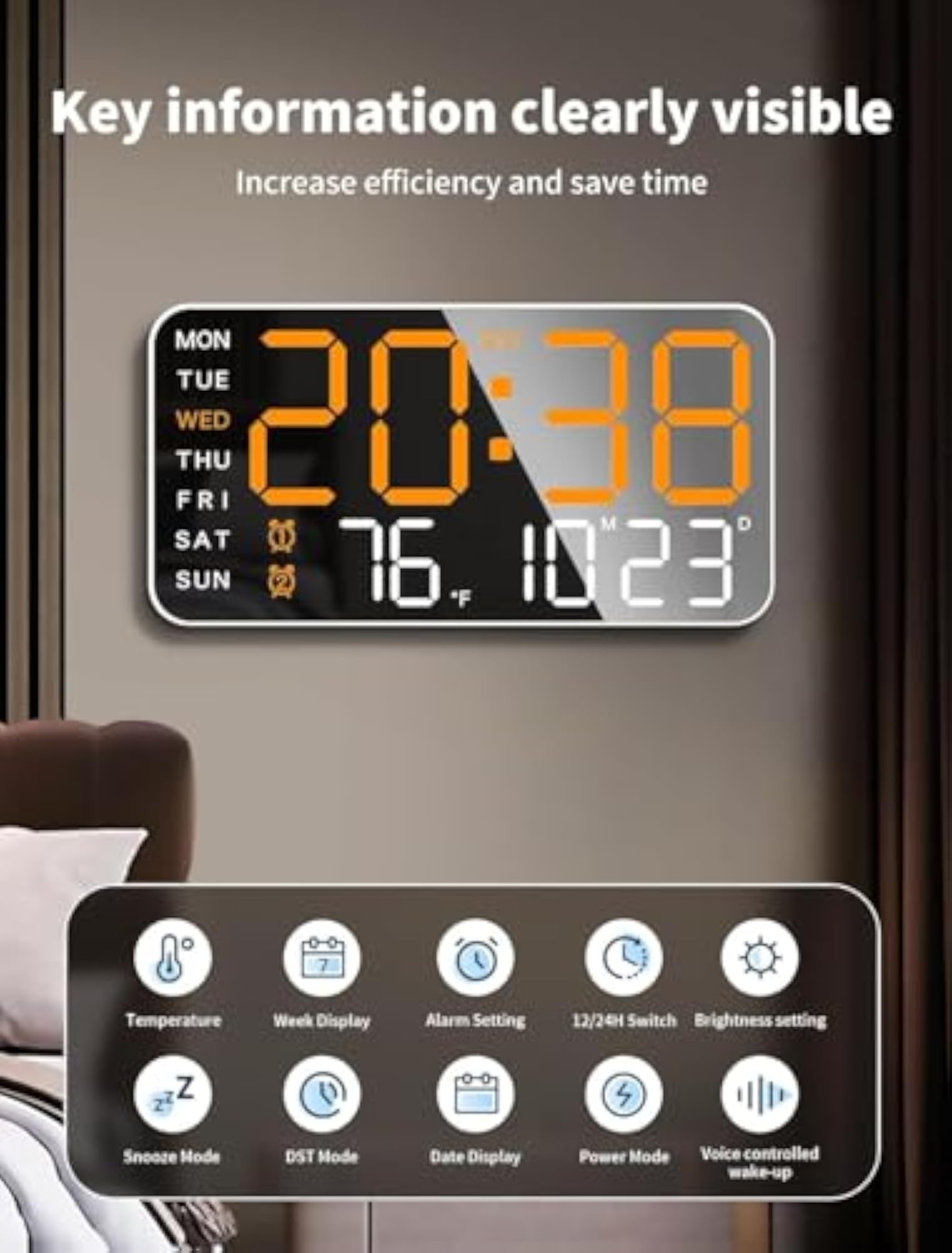 Digital Wall Clock with Day & Date Display