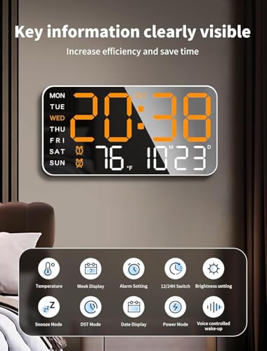 Image of Digital Wall Clock, LED Alarm Clock with Day & Date, Temperature. 5-Level Brightness for Home Office, Bedroom, Living Room, Classroom, Modern Decor Design (8.4''x4.3'') (Orange)