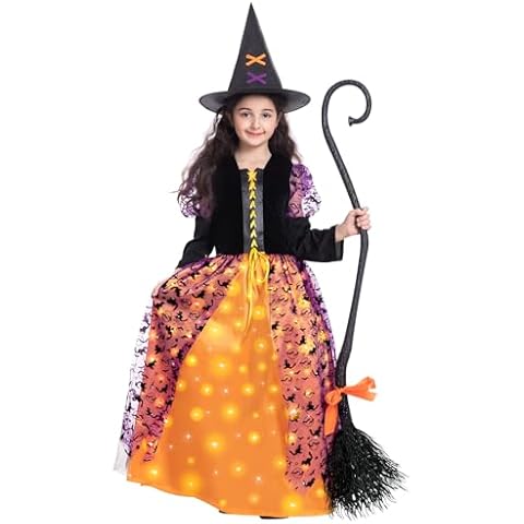 Witch Halloween Costume for Girls, Light Up Witch Dress Deluxe Outfit with Hat and Broom, Kids Twinkle Witch Costumes for Halloween Dress Up Party (Small) Cover