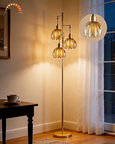 Image of Lightdot 65'' Glass Floor Lamp Dimmable Gold with Brown Lotus Glass Shade & 3000K Bulbs Included 3-Lights Modern Tall Standing Lamp with 5Lbs Heavy Base for Living Room /Bedroom /Sofa /Corner Decor