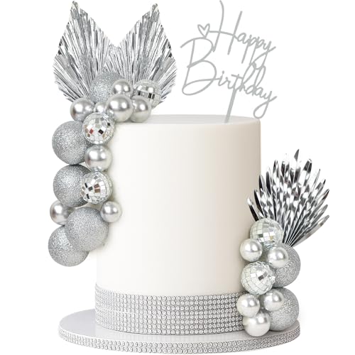 24Pcs Silver Balls Cake Toppers Palm Leaves Birthday Cake Decorations Foam DIY Leaf Cake Insert Boho Silver Glitter Mini Balloon Cupcake Insert for Birthday Party Decor.