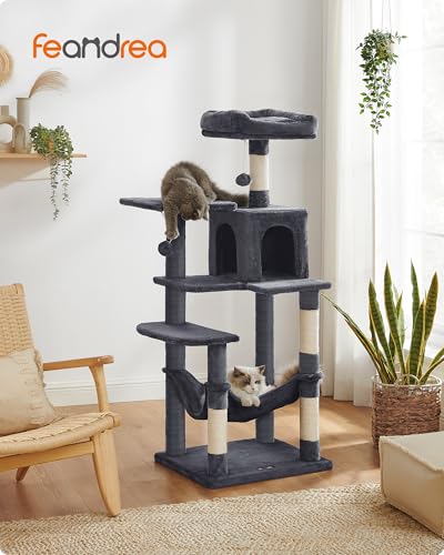 Image of Feandrea Cat Tree, 54.2-Inch Cat Tower, Plush Multi-Level Condo with 4 Scratching Posts, 2 Perches, Hammock, Cave, Smoky Gray UPCT161G01
