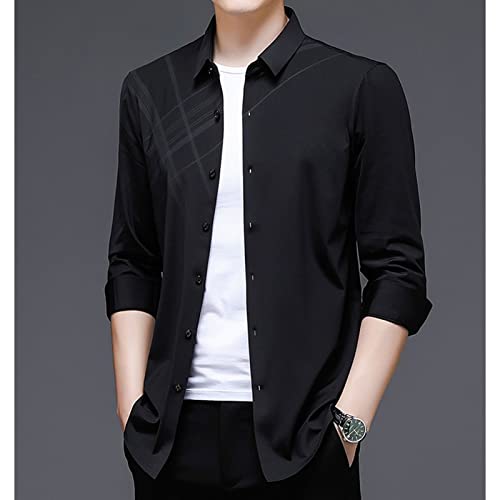 Maiyifu-Gj Men Plaid Printed Dress Shirt Turn-Down Collar Button Down Business Shirts Casual Slim Fit Long Sleeve Shirts (Black,48) #TOP1