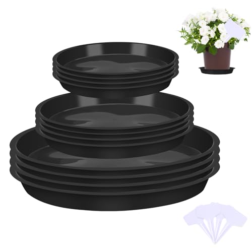 Xialvyu 12Pcs Plant Pot Saucers with Label, Black Plant Saucer Waterproof Plant Tray Flower Pot Drip Tray for Indoor Outdoor Garden Plants (14 cm/16cm/24cm, Black)