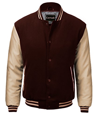 Guytalk Men's Letterman Style Premium Thick Fabric Varsity Baseball Jacket Medium BROWNKHAKI