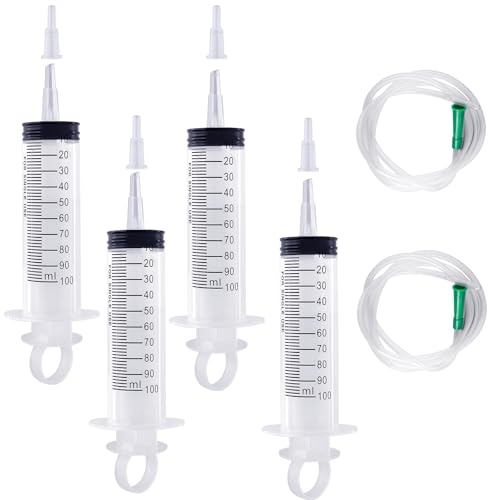 TAIHOBO Jeringuilla Grande 100ml, 4 Piezas Jeringa Grande sin Aguja con Tapa, Jeringuillas de Plástico 100ml con 2 Manguera, para Laboratorios, Alimentación de Mascotas y Recolección de Líquidos