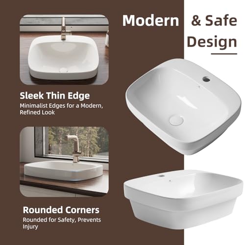 Image of 20″W x 17″D Drop In Bathroom Sink with Free Pop-Up Drain, White Ceramic Rectangular Semi Recessed Bathroom Sink with Single Faucet Hole, Modern Vessel Sink, Durable Above Counter Basin