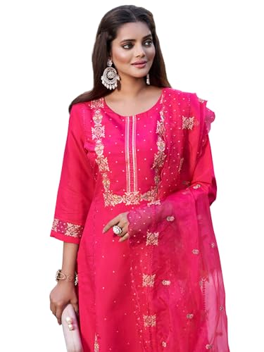 Image of INDO ERA Women's Embroidered Silk Blend Calf Length Straight Kurta Pant With Dupatta Set (IEOUT7451 X-Small)