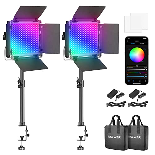 Neewer 2-Pack 480 RGB Led Light with APP Control and 32-52CM Tabletop Clip Light Stand, 480 LEDs CRI95/3200K-5600K/Brightness 0-100%/0-360 Adjustable Colors for Live Streaming/Live Gaming/TikTok Video