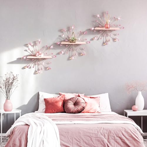 Image of Yaocom 3 Pcs Bling Crystal Floating Shelves Metal Starbursts Wall Decor Folding Shelf Pink Corner Shelves Hanging Wall Mounted for Storage Bedroom Bathroom Living Room Kitchen Office Home Decoration