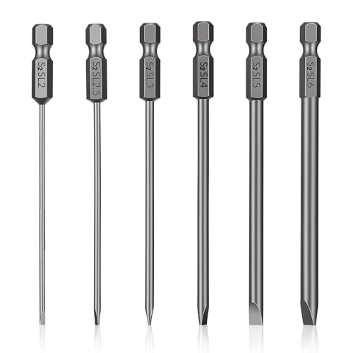 6 Pcs Long Screwdriver Bits Hollow Ground Screwdriver Set 1/4 Impact Driver Bit Set 4 InchFlat Head Slotted Drill Bits SL2 SL2.5 SL3 SL4 SL5 SL6 for Power Drill Impact Driver