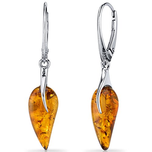 Peora Genuine Baltic Amber Leaf Drop Earrings for Women 925 Sterling Silver, Leaf Shape, Rich Cognac Color, French Clip, Real Baltic Amber Earrings for Adults, 100% Natural from Baltic Region