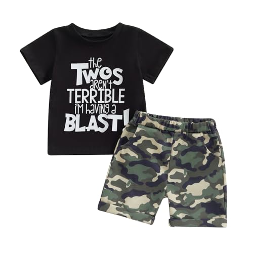 Fernvia Toddler Baby Boy 2nd Birthday Outfit Letter Print Short Sleeve T-shirt Elastic Camouflage Shorts Summer Clothes (A-The Twos Arent Terrible Black 2-3T)