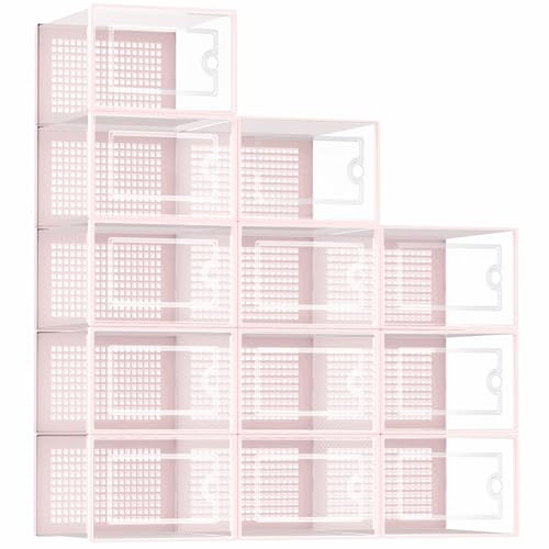 Image of Kuject Shoe Organizers Storage Boxes for Closet, 12 Pack Clear Plastic Stackable Storage Bins with Lids, Under Bed Shoe Containers for Entryway, Drop Front, Fit up to Women's Size 10,Pink