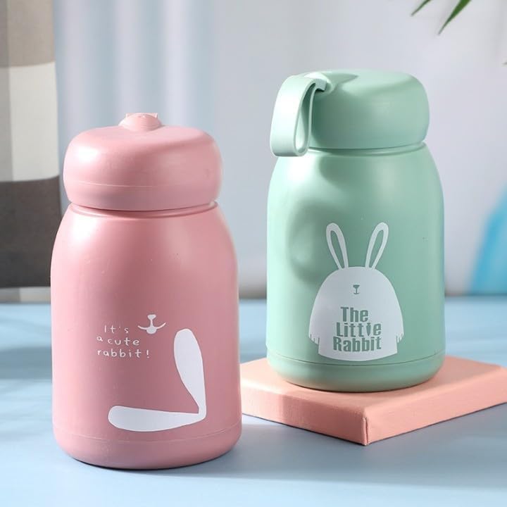 Image of Rabbit Design Cartoon Kids Bottle 330 ML Set of 2 | Cute Printed School Bottle with Handle | Compact Portable Bottle for School Travel Return Gift (Pack of 2)
