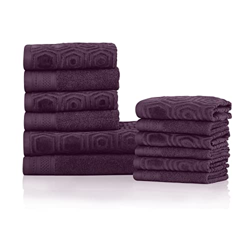 Superior Honeycomb 100% Cotton 500 Gsm 12 Piece Bath Towel Set, 6 Washcloths - 4 Hand, 2 Bath Towels, Ideal For Bathroom, Kitchen Or Beach, Quick Dry, Jacquard And Solid, Mid-Weight, Blackberry Wine #TOP19