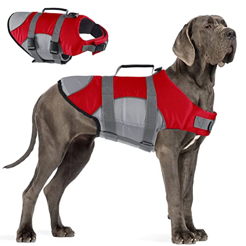 Dog Life Jacket, Dog Life Vest, Adjustable & Reflective Dog Float Coat With Rescue Handle For Small Medium Large Dogs For Boating Swimming Water Safety Red Grey M #TOP25