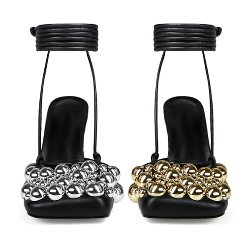 Saint Leia Women's 4IN High Heel Sandals Nude Stiletto Pumps with Gold Silver Pearls Heels for Weddings Parties and Evening Wear2