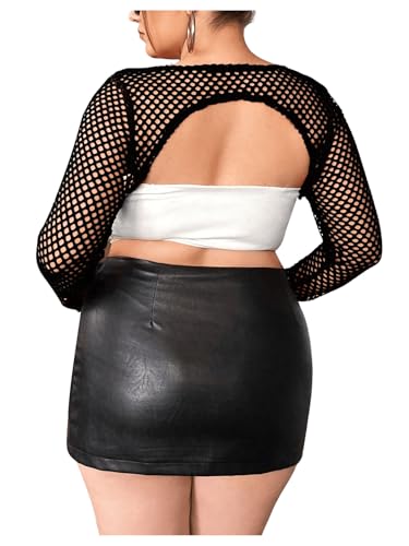 WDIRARA Women's Plus Size Fishnet Sheer Mesh Round Neck Long Sleeve Super Crop Top2