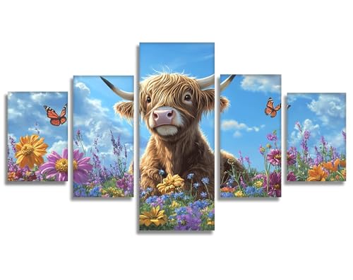5 Piezas Flores Diamond Painting Ganado de las Tierras Altas Diamond Painting Adultos, DIY Pintura de Diamante Kit Manualidades Adultos, 5D Creart Kit Punto de Cruz Pintura Diamante 250x120cm,Model267