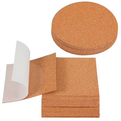 XLIUAX Lot de 30 feuilles de liège autocollantes carrées et rondes de 10,2 x 10,2 cm avec dos adhésif puissant pour dessous de verre fin, fournitures de bricolage