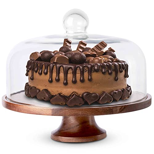 Koala's Home Acacia Wood Cake Stand with Real Glass Dome, Dessert Display, Decorative Kitchen Server, Multi-Purpose Use