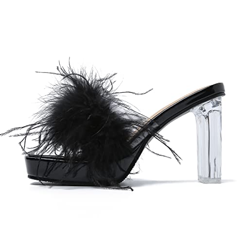 LIURUIJIA Women's Square Toe Platform Chunky Heel Slip on Sandals Feather Fuzzy Heels Mules Wedding Bridal Party Dress Shoes3