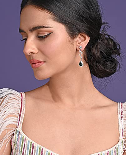 Image of Clara 925 Sterling Silver Leafy Green Necklace Jewellery Set With Earrings | Rhodium Plated, Swiss Zirconia stone | Gift for Women and Girls