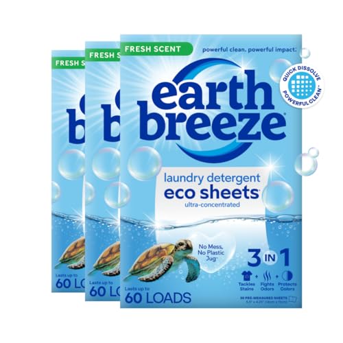 Earth Breeze Laundry Detergent Sheets Fresh Scent - 180 Loads Eco Liquidless Soap - Travel-Friendly for Hot & Cold Cycles, Tackles Tough Stains & Odors - Gentle on Skin, 90 Ct (3 Pack)