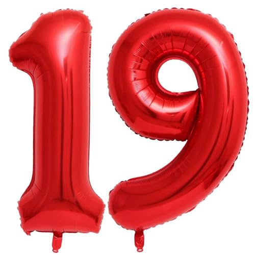 Red 19 Number Balloons, 40 Inch Giant Number 19 Balloons Foil Mylar Helium Red Number Balloons for 19th Birthday Party Supplies Anniversary Event Celebration Decorations
