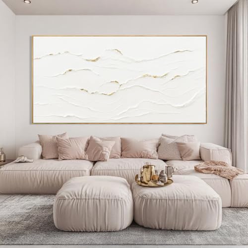 Large Wavy Line White Abstract Wall Art with Frame Minimalist