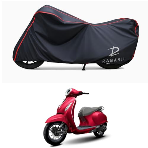 Image of Waterproof Bike Body Cover Compatible for | Bajaj Chetak Premium | Taffeta Fabric, Red Piping Design, Bottom Elastic Fit | Dustproof, Sun UV & Rain Protection for All Bikes