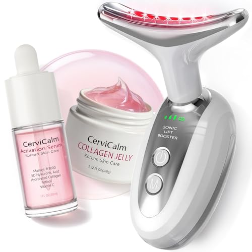 CerviCalm Red Light Face and Neck Beauty Device 3-in-1 Facial Massager Tool with LED Heat & Vibration with 5D Activation Serum & 5D Collagen Jelly for Skin Tightening & Lifting & Lymphatic Drainage