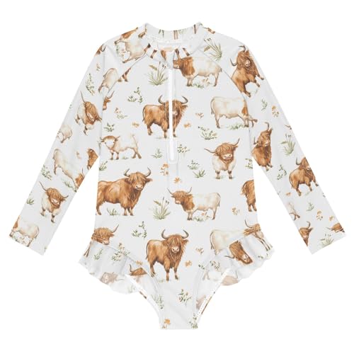 Highland Cattle Grass Girls Long Sleeve Swimsuit Rash Guard One Piece Bathing Suits Zipper 3-12T
