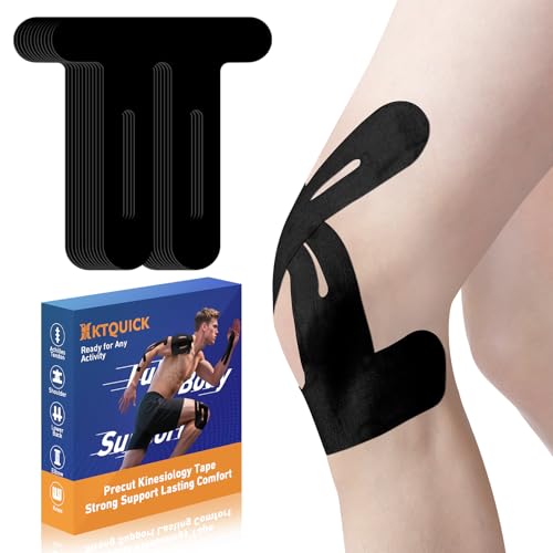 KTQUICK PreCut Kinesiotapes, Kinesiotapes Vorgeschnitten Hautfreundlich mit perfektem Trage-komfort, Wasserfestes & Elastisches Physio Tape für Knie 20 Streifen - Schwarz