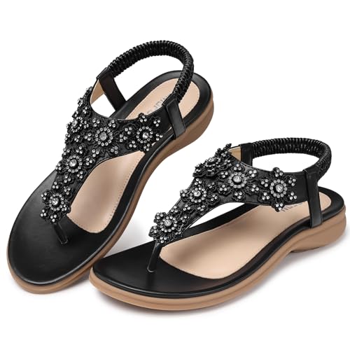 Image of TEMOFON Sandals for Women Flat Dressy Summer Flower Sandals with Ankle Strap Comfortable Casual Walking Flat Sandals Size 5-11