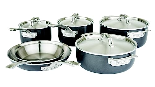 Viking 5-Ply Pots and Pans Set, 10 Piece Hard Anodized Cookware, Stainless Steel Lids, Silver