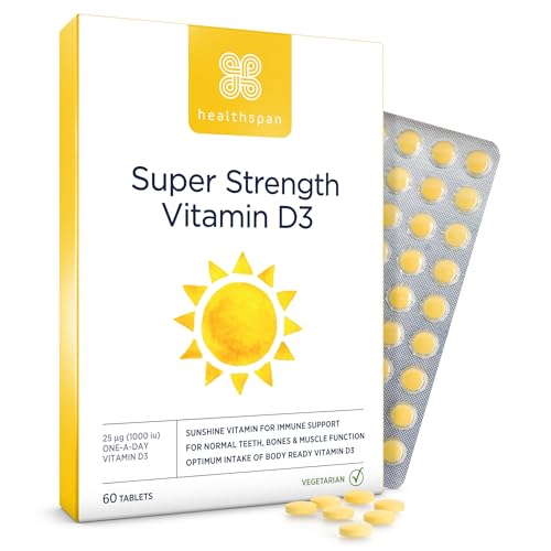 Healthspan Super Strength Vitamin D3 | Immune Health | Bone, Teeth & Muscle Health | Contains 1,000iu of Natural Source Vitamin D3 in Each Tablet | Vegetarian (60 Tablets)
