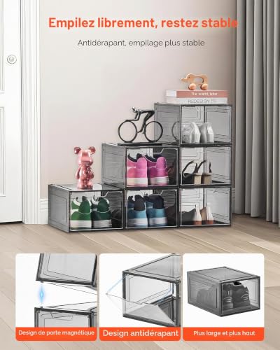 VEVOR Boîtes à Chaussures Empilables Lot de 6, Rangement Chaussures jusqu’à la Pointure US 13, en Plastique, avec Porte Magnétique, pour Ranger Talons Hauts, Bottes et Chapeaux, Noir Transparent – vue 3